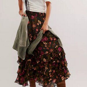 Free People Lolita Maxi Skirt Floral Printed Smocked Tiered New S
